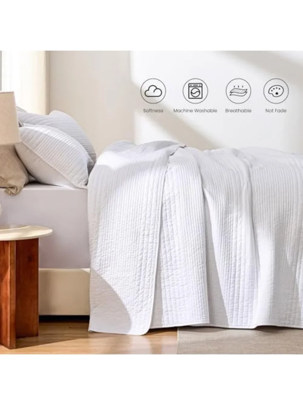 King Size Cotton Quilt Set - Lightweight Striped Textured Coverlet & 2 Pillow